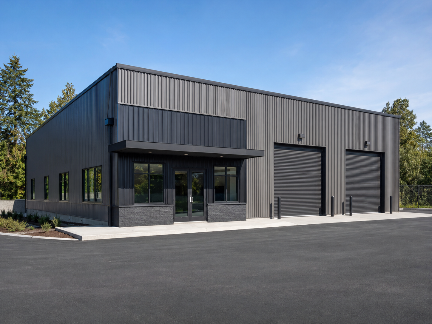 Modern commercial flex building with two roll-up doors